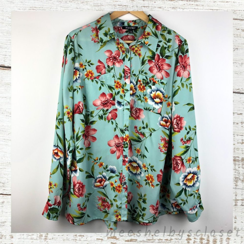 roz & ALI Long Sleeve Button Up Floral Print Top